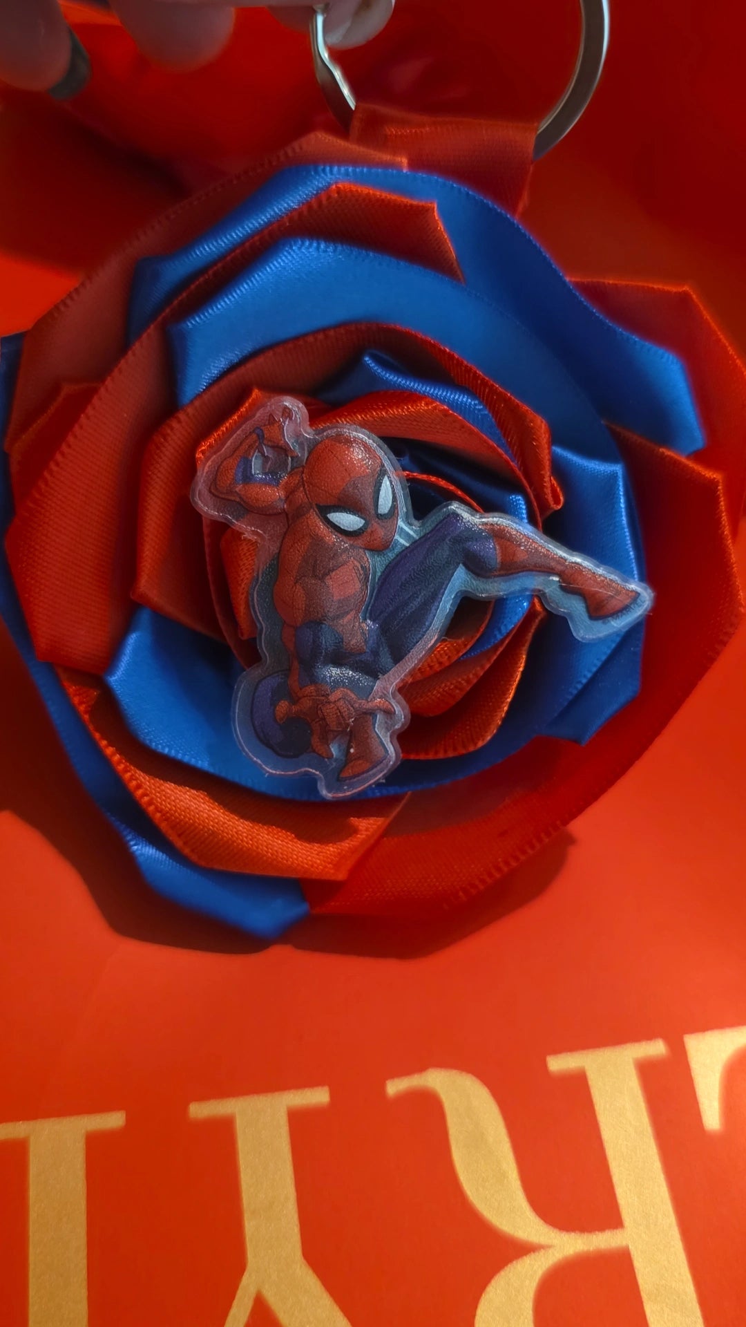 ❤️💙 Swing into style with our handmade Spider-Man Ribbon Rose Keychain