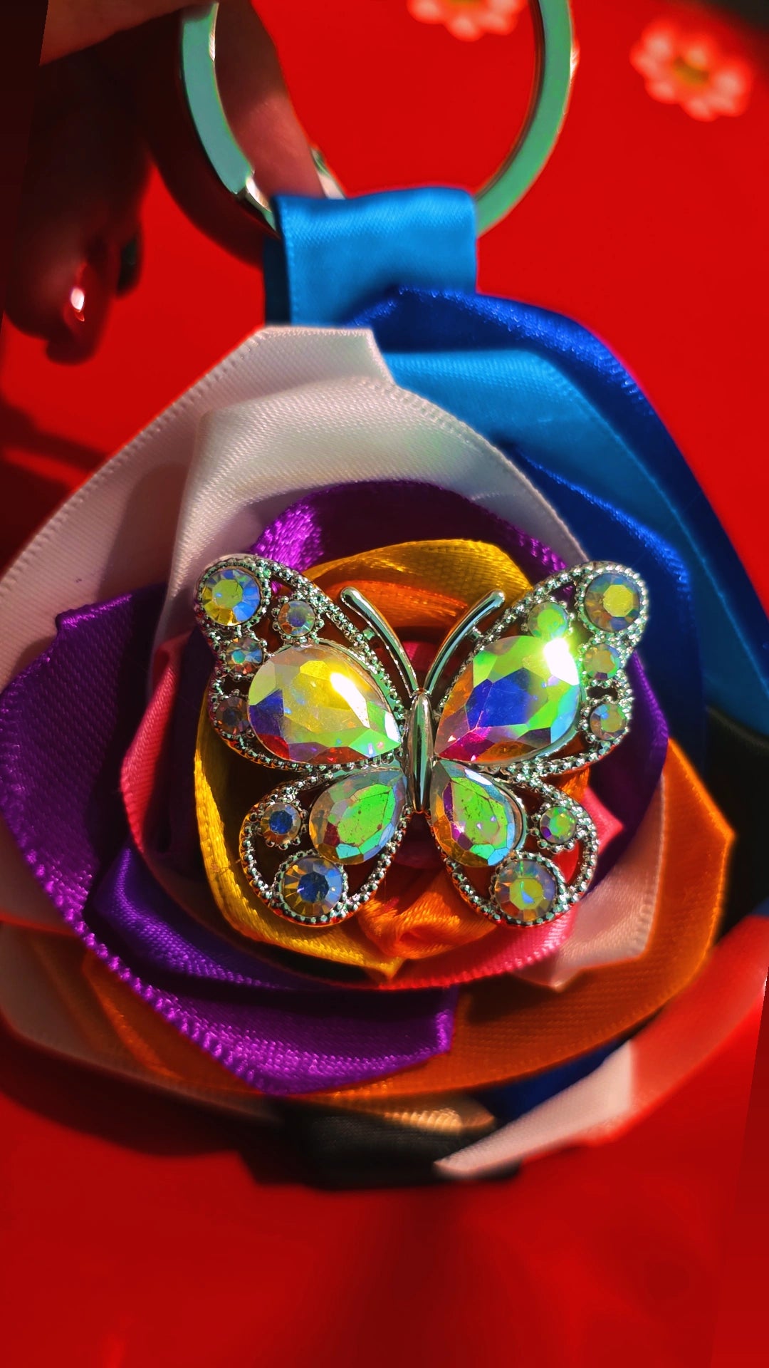 🦋🌈 Colorful Butterfly Ribbon Rose Keychain